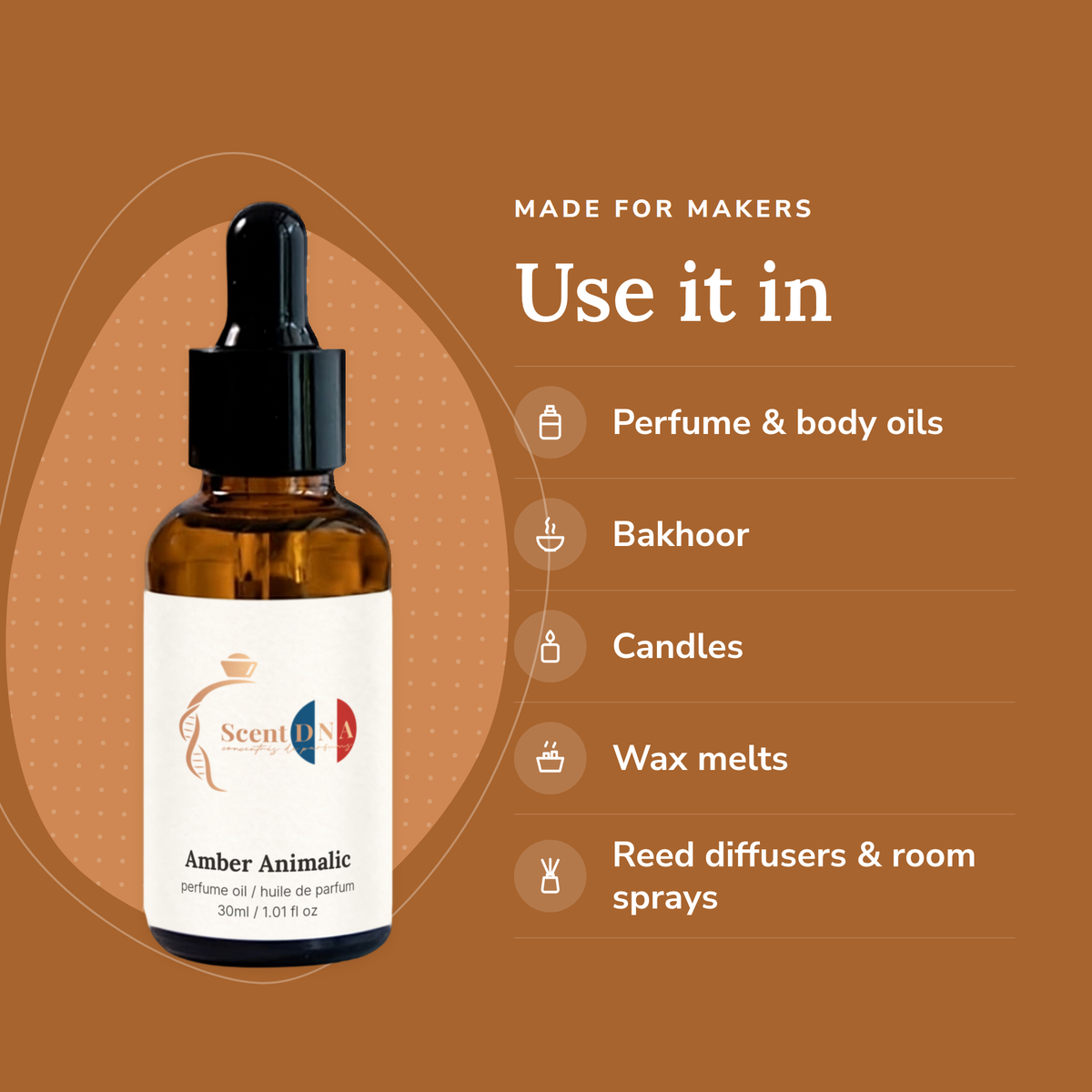 Amber Animalic Perfume Oil uses: perfume & body oils, bakhoor, candles, wax melts, reed diffusers & room sprays
