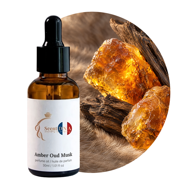 Amber Oud Musk Perfume Oil, 30ml amber dropper bottle, with raw amber, oud wood and soft musk fur