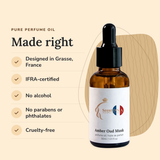 Amber Oud Musk Perfume Oil: designed in Grasse, IFRA-certified, no alcohol, no parabens or phthalates, cruelty-free