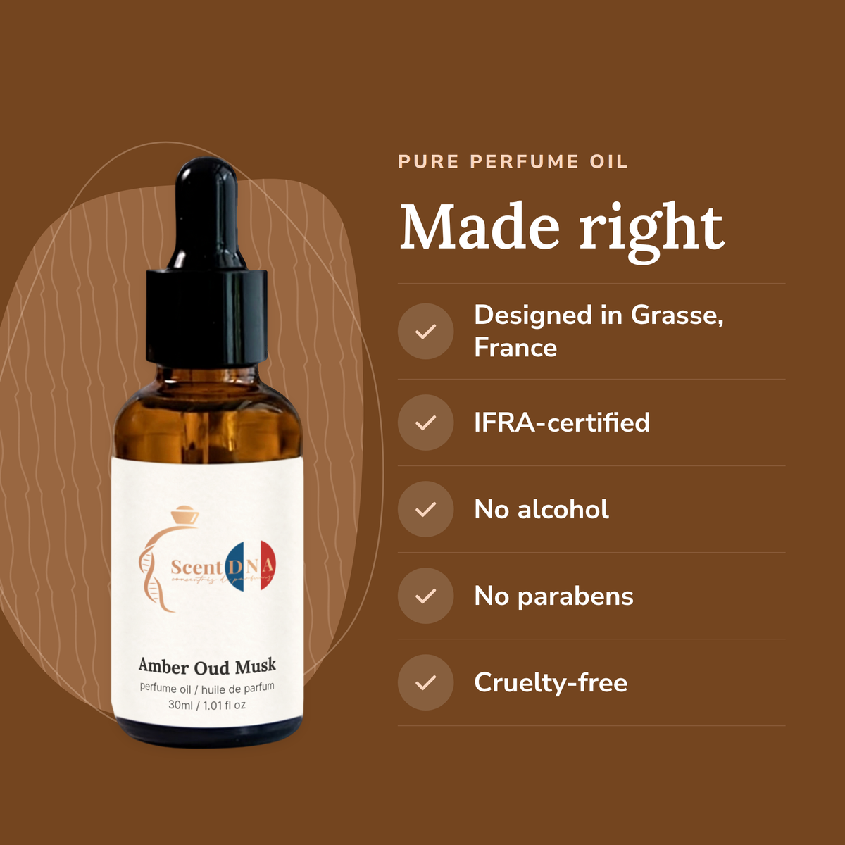 Amber Oud Musk Perfume Oil: designed in Grasse, IFRA-certified, no alcohol, no parabens, cruelty-free