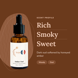 Amber Oud Perfume Oil scent profile: rich, smoky, sweet. Dark oud softened by honeyed amber