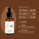 Amber Oud Perfume Oil IFRA maximums: perfume 4.8%, candles 8%, soap 9.6%; flash point above 62 °C
