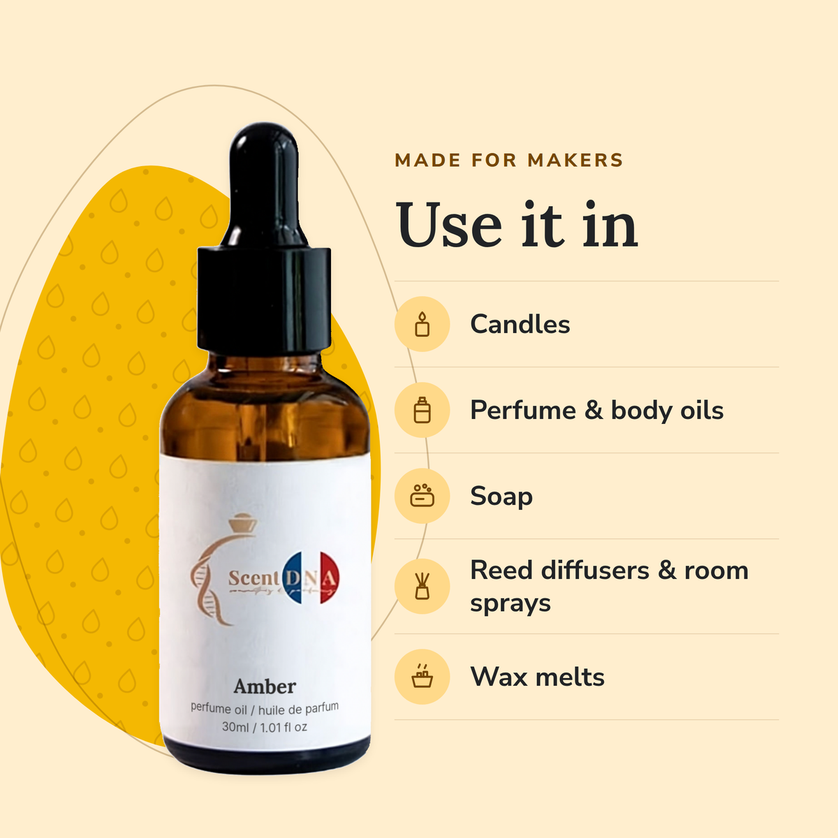 Amber Perfume Oil uses: candles, perfume & body oils, soap, reed diffusers & room sprays, wax melts