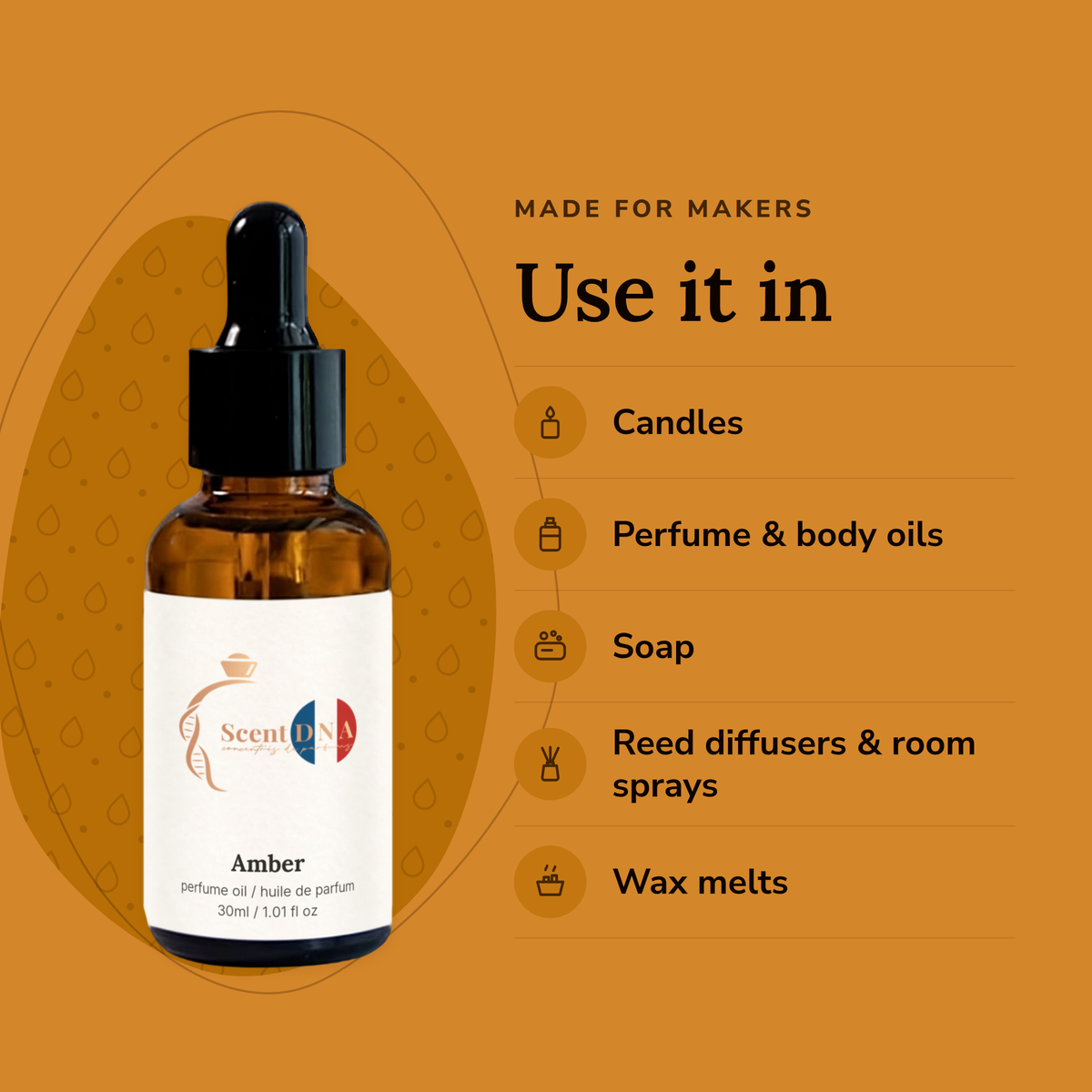 Amber Perfume Oil uses: candles, perfume & body oils, soap, reed diffusers & room sprays, wax melts