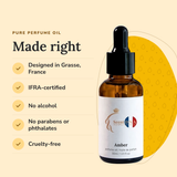 Amber Perfume Oil: designed in Grasse, IFRA-certified, no alcohol, no parabens or phthalates, cruelty-free