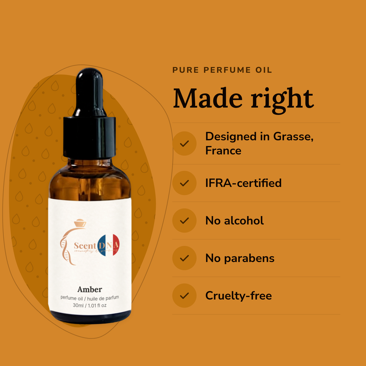 Amber Perfume Oil: designed in Grasse, IFRA-certified, no alcohol, no parabens, cruelty-free