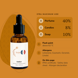 Amber Perfume Oil IFRA maximums: perfume 40%, candles 8%, soap 10%; flash point above 62 °C