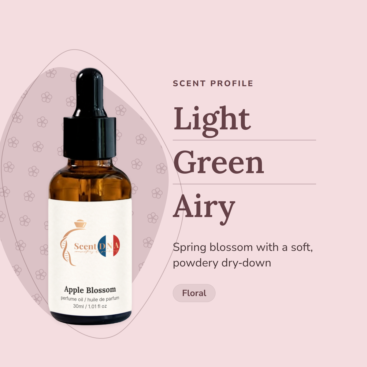 Apple Blossom Perfume Oil scent profile: light, green, airy. Spring blossom with a soft, powdery dry-down