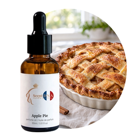 Apple Pie Perfume Oil, 30ml amber dropper bottle, with a whole lattice apple pie with a red apple
