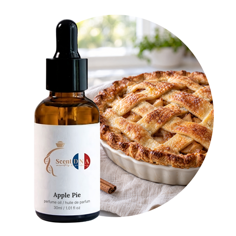 Apple Pie Perfume Oil, 30ml amber dropper bottle, with a whole lattice apple pie with a red apple