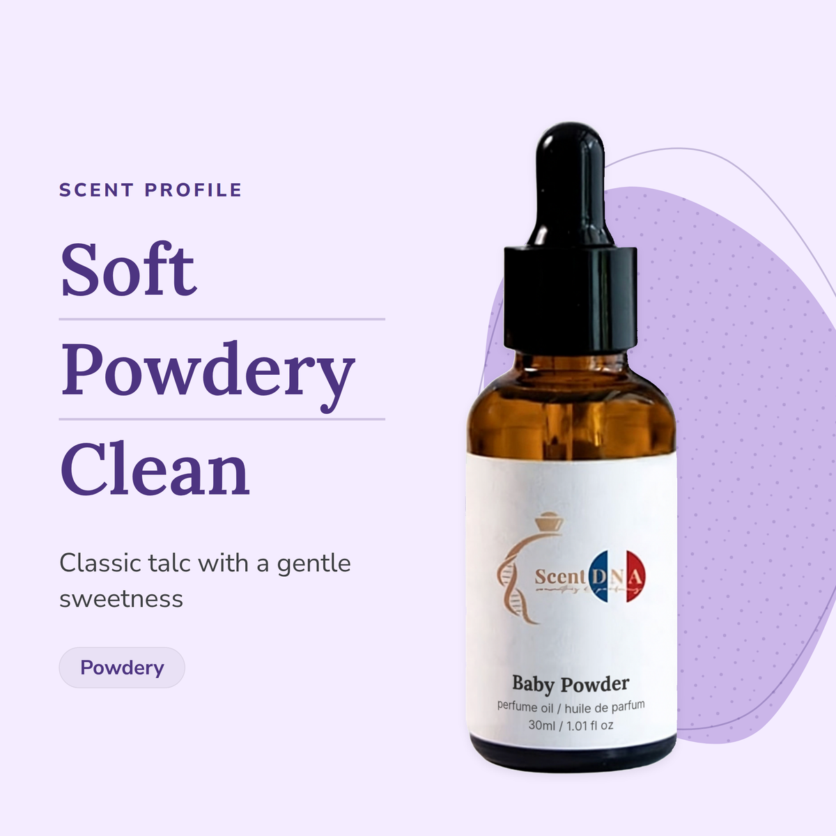 Baby Powder Perfume Oil scent profile: soft, powdery, clean. Classic talc with a gentle sweetness