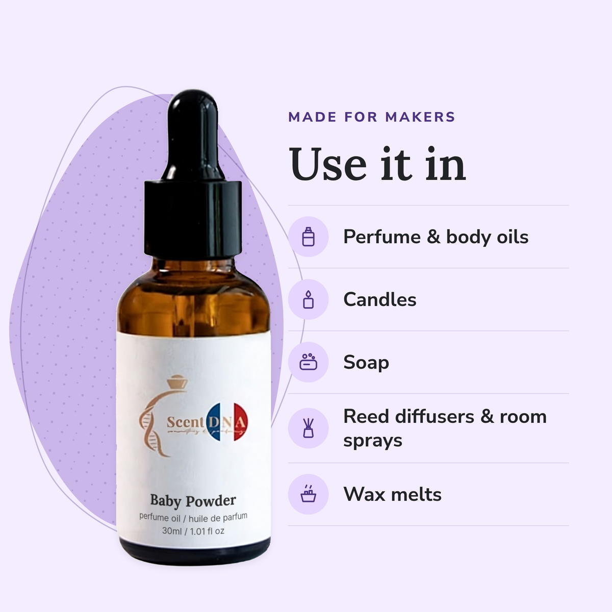 Baby Powder Perfume Oil uses: perfume & body oils, candles, soap, reed diffusers & room sprays, wax melts