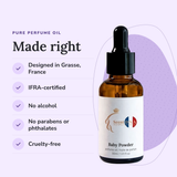 Baby Powder Perfume Oil: designed in Grasse, IFRA-certified, no alcohol, no parabens or phthalates, cruelty-free