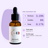Baby Powder Perfume Oil IFRA maximums: perfume 3.19%, candles 8%, soap 0.17%; flash point above 62 °C
