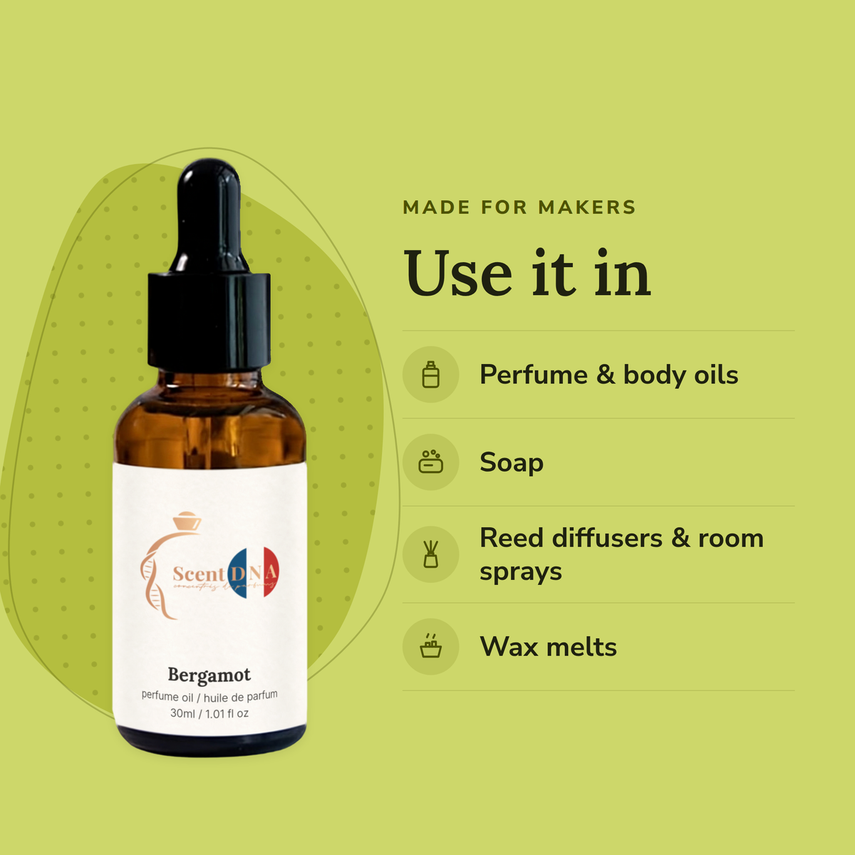 Bergamot Perfume Oil uses: perfume & body oils, soap, reed diffusers & room sprays, wax melts