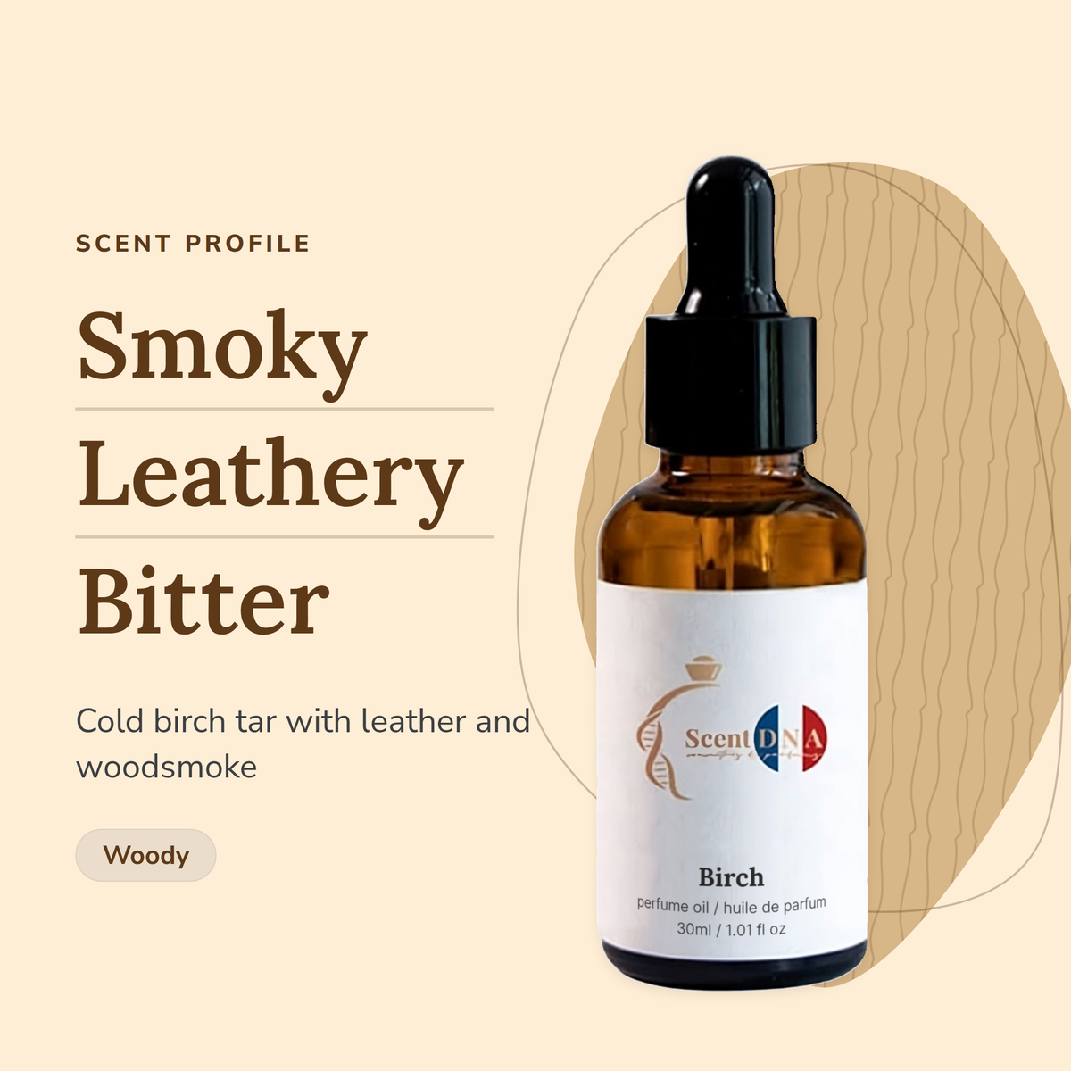 Birch Perfume Oil scent profile: smoky, leathery, bitter. Cold birch tar with leather and woodsmoke