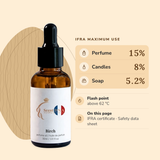 Birch Perfume Oil IFRA maximums: perfume 15%, candles 8%, soap 5.2%; flash point above 62 °C