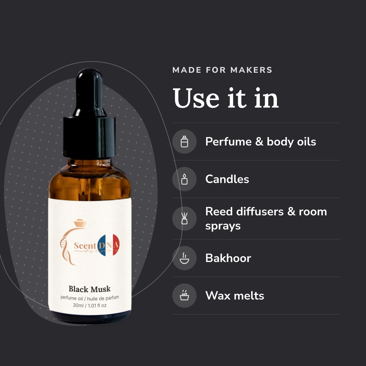 Black Musk Perfume Oil uses: perfume & body oils, candles, reed diffusers & room sprays, bakhoor, wax melts
