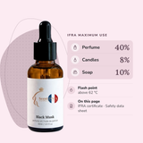 Black Musk Perfume Oil IFRA maximums: perfume 40%, candles 8%, soap 10%; flash point above 62 °C