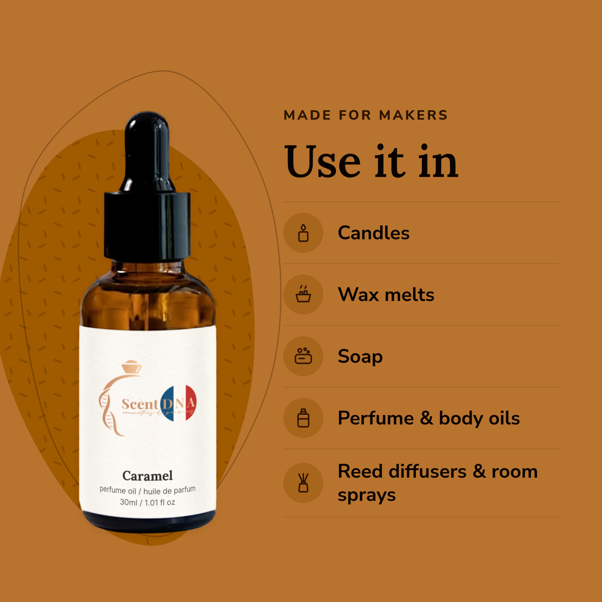 Caramel Perfume Oil uses: candles, wax melts, soap, perfume & body oils, reed diffusers & room sprays