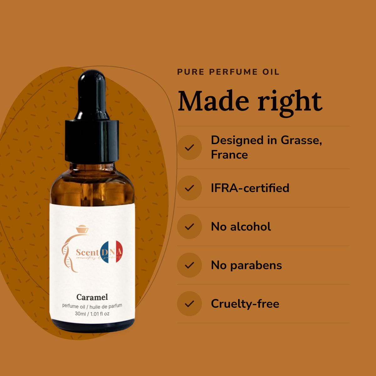 Caramel Perfume Oil: designed in Grasse, IFRA-certified, no alcohol, no parabens, cruelty-free