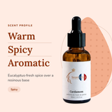 Cardamom Perfume Oil scent profile: warm, spicy, aromatic. Eucalyptus-fresh spice over a resinous base