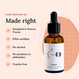 Carrot Perfume Oil: designed in Grasse, IFRA-certified, no alcohol, no parabens or phthalates, cruelty-free