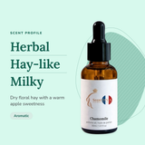 Chamomile Perfume Oil scent profile: herbal, hay-like, milky. Dry floral hay with a warm apple sweetness