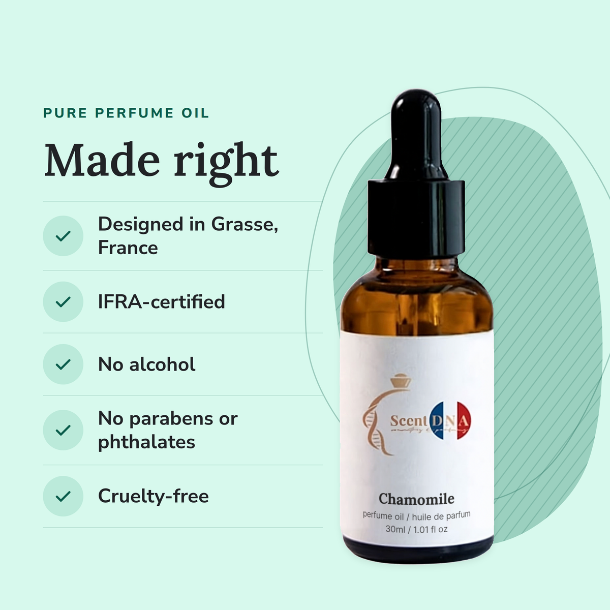 Chamomile Perfume Oil: designed in Grasse, IFRA-certified, no alcohol, no parabens or phthalates, cruelty-free