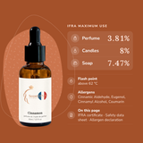 Cinnamon Perfume Oil IFRA maximums: perfume 3.81%, candles 8%, soap 7.47%; flash point above 62 °C