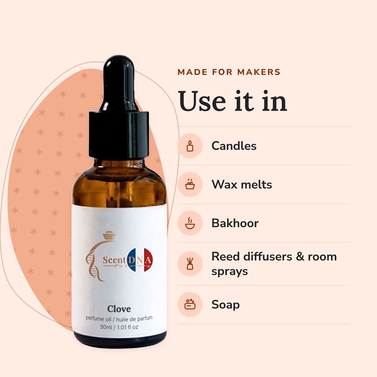 Clove Perfume Oil uses: candles, wax melts, bakhoor, reed diffusers & room sprays, soap
