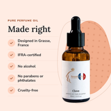Clove Perfume Oil: designed in Grasse, IFRA-certified, no alcohol, no parabens or phthalates, cruelty-free