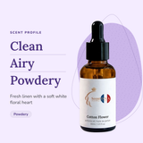 Cotton Flower Perfume Oil scent profile: clean, airy, powdery. Fresh linen with a soft white floral heart