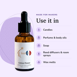 Cotton Flower Perfume Oil uses: candles, perfume & body oils, soap, reed diffusers & room sprays, wax melts