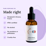 Cotton Flower Perfume Oil: designed in Grasse, IFRA-certified, no alcohol, no parabens or phthalates, cruelty-free