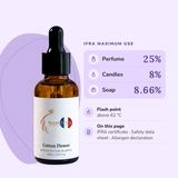 Cotton Flower Perfume Oil IFRA maximums: perfume 25%, candles 8%, soap 8.66%; flash point above 62 °C