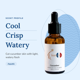 Cucumber Perfume Oil scent profile: cool, crisp, watery. Cut cucumber skin with light, watery flesh