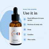 Cucumber Perfume Oil uses: reed diffusers & room sprays, perfume & body oils, soap, candles, wax melts