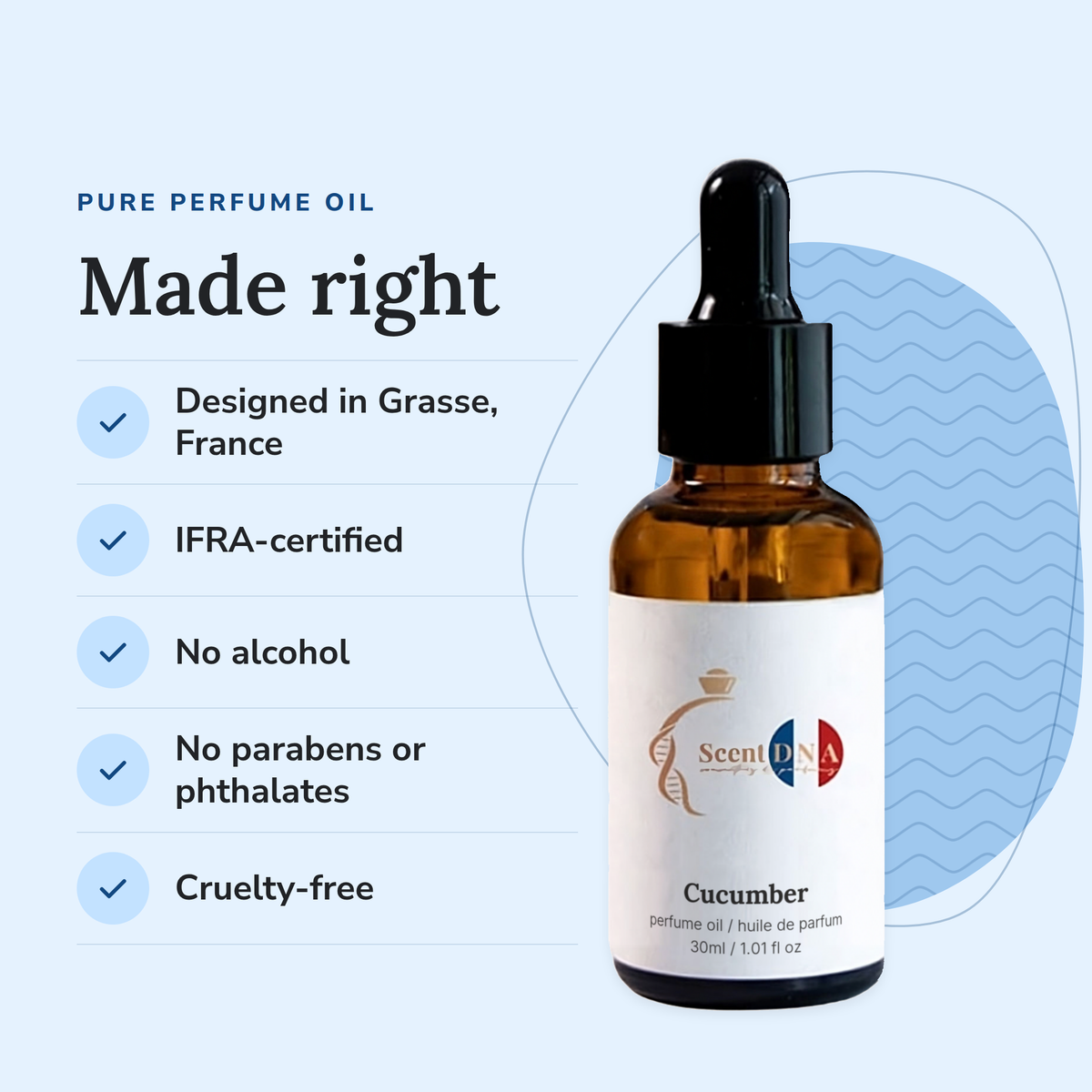 Cucumber Perfume Oil: designed in Grasse, IFRA-certified, no alcohol, no parabens or phthalates, cruelty-free
