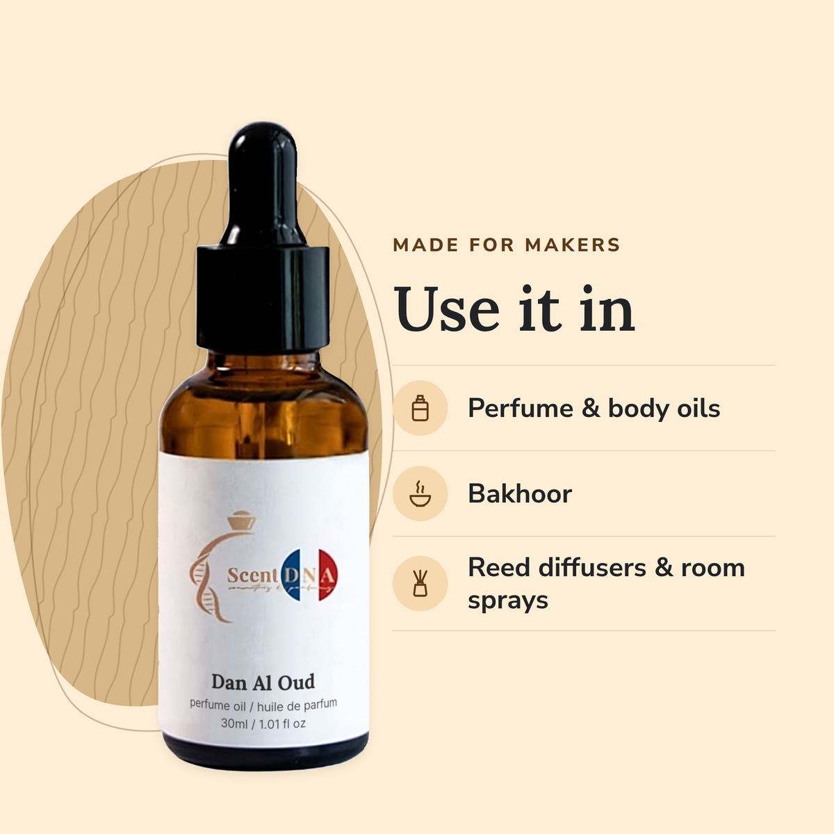 Dan Al Oud Perfume Oil uses: perfume & body oils, bakhoor, reed diffusers & room sprays