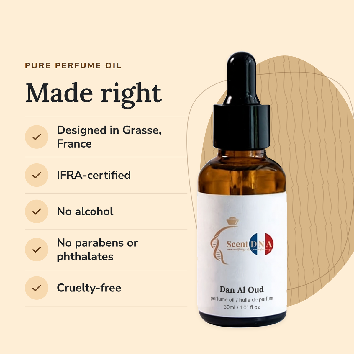Dan Al Oud Perfume Oil: designed in Grasse, IFRA-certified, no alcohol, no parabens or phthalates, cruelty-free