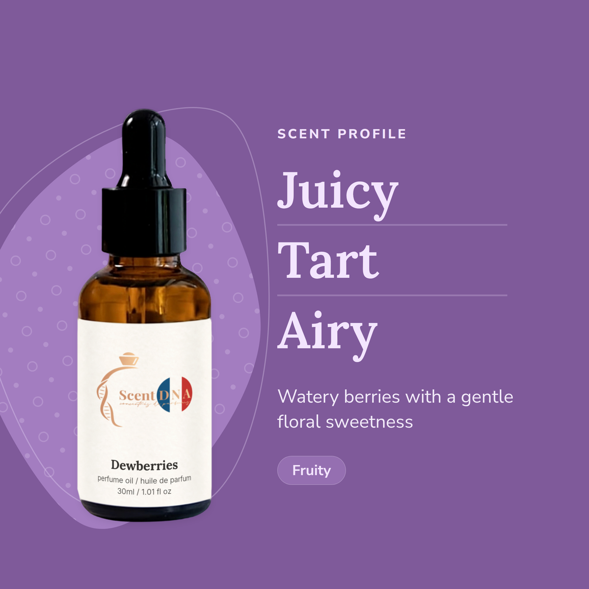 Dewberries Perfume Oil scent profile: juicy, tart, airy. Watery berries with a gentle floral sweetness