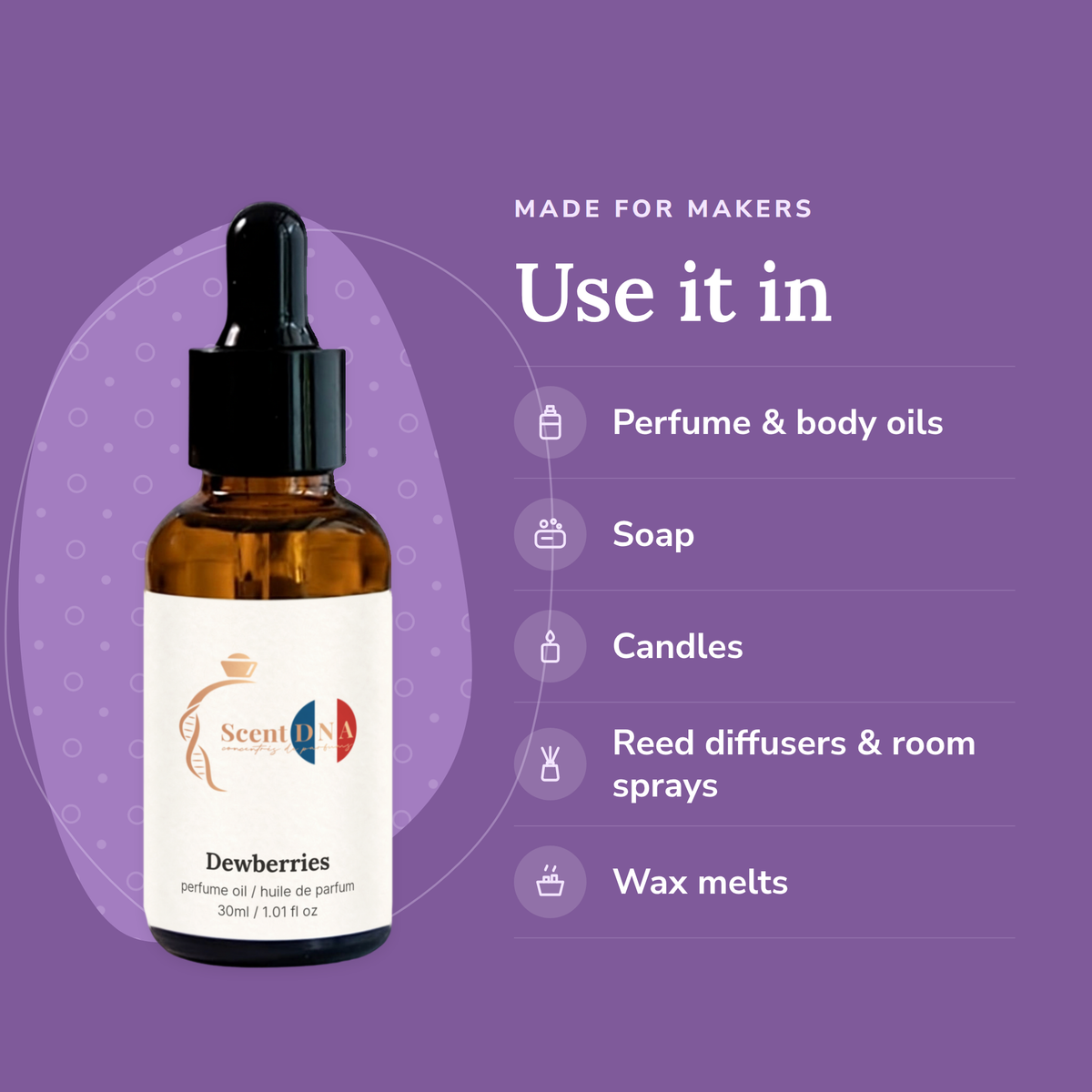 Dewberries Perfume Oil uses: perfume & body oils, soap, candles, reed diffusers & room sprays, wax melts