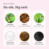 What's inside the Earthy and Animalic Perfume Oil Bundle: Patchouli, Tobacco, Vetiver, White Musk, Oud Leather and Black…