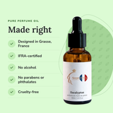 Eucalyptus Perfume Oil: designed in Grasse, IFRA-certified, no alcohol, no parabens or phthalates, cruelty-free