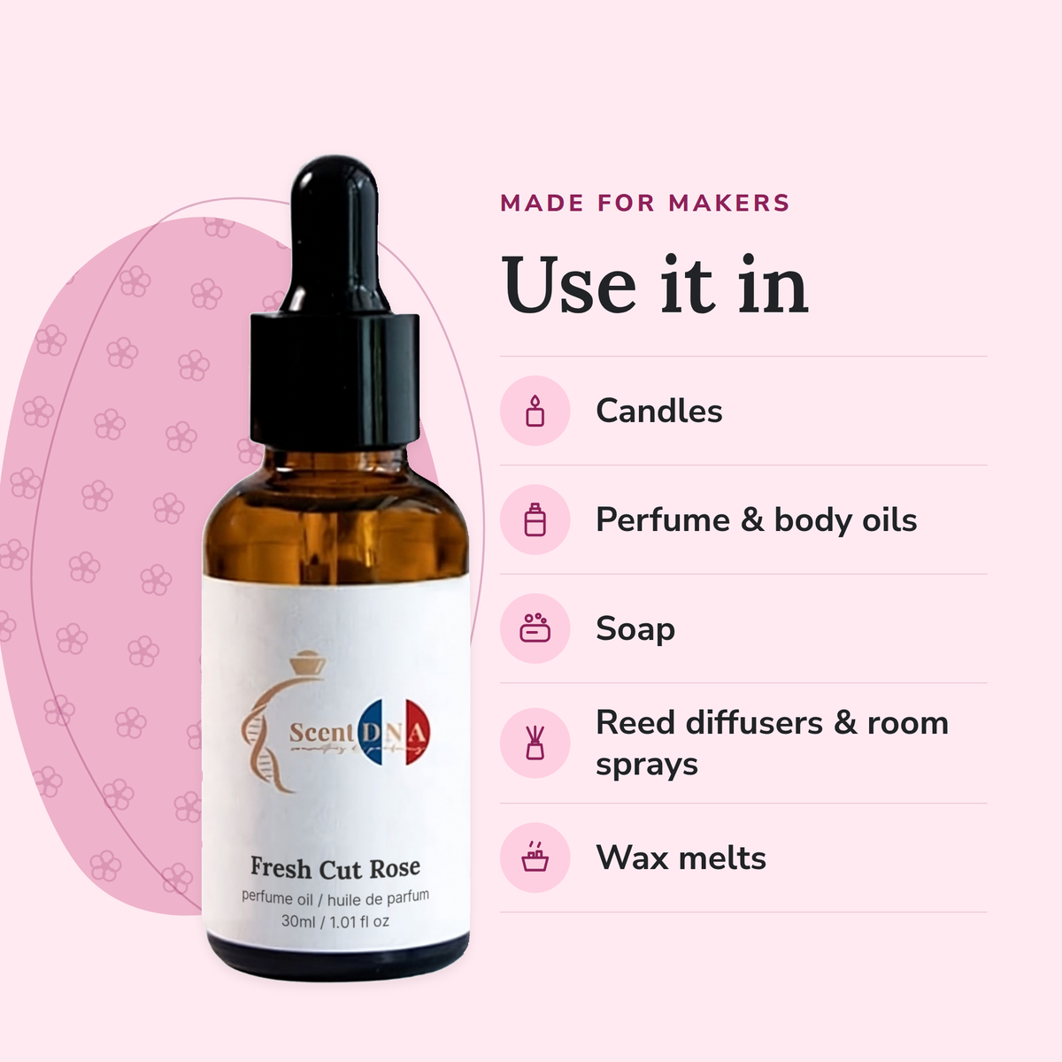 Fresh Cut Rose Perfume Oil uses: candles, perfume & body oils, soap, reed diffusers & room sprays, wax melts