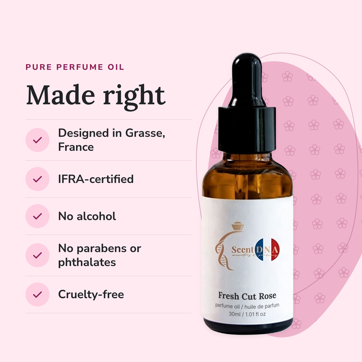 Fresh Cut Rose Perfume Oil: designed in Grasse, IFRA-certified, no alcohol, no parabens or phthalates, cruelty-free