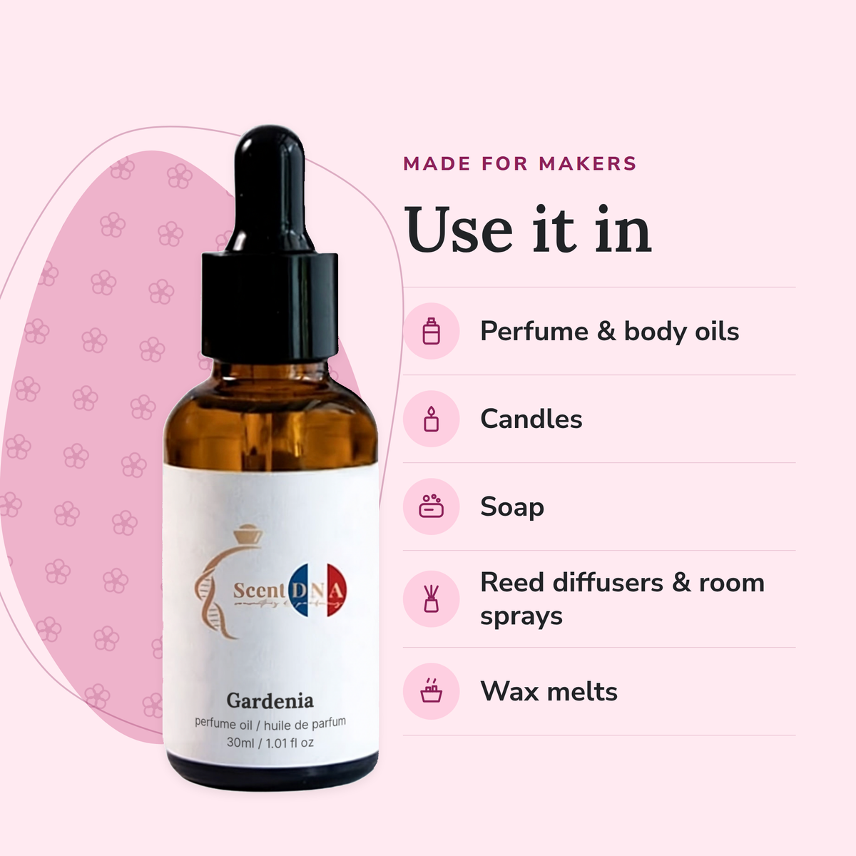 Gardenia Perfume Oil uses: perfume & body oils, candles, soap, reed diffusers & room sprays, wax melts
