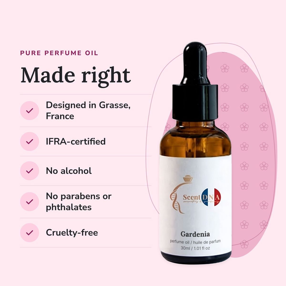 Gardenia Perfume Oil: designed in Grasse, IFRA-certified, no alcohol, no parabens or phthalates, cruelty-free