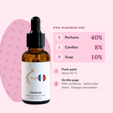 Gardenia Perfume Oil IFRA maximums: perfume 40%, candles 8%, soap 10%; flash point above 62 °C